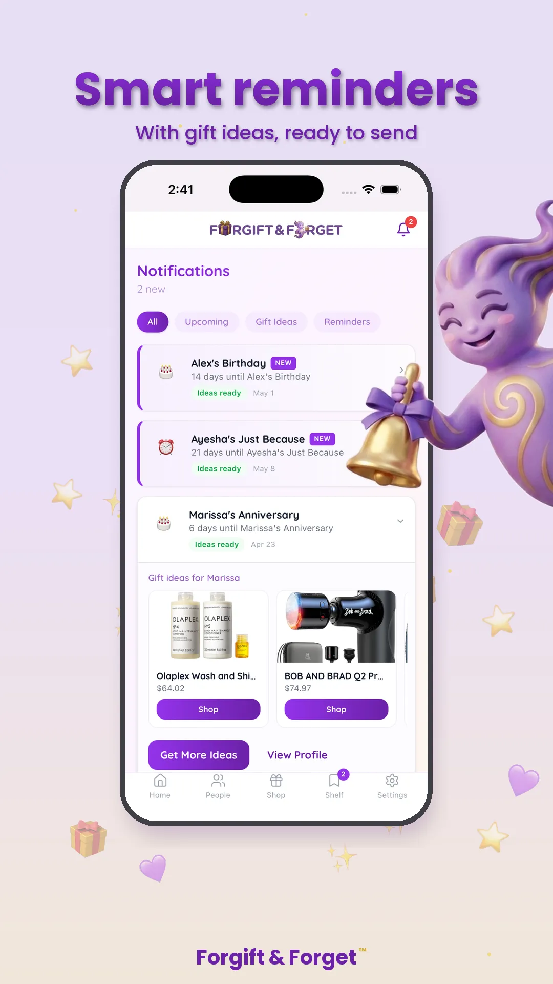 Forgift & Forget smart reminders showing the next birthday countdown